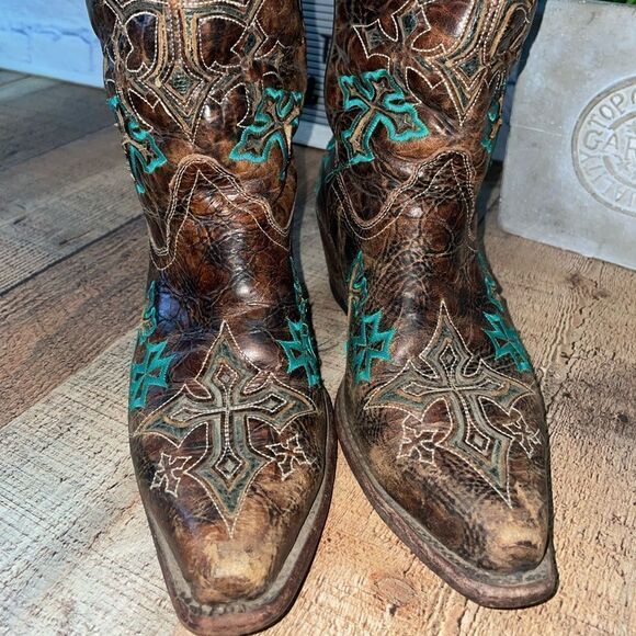 Corral Womens Whiskey Turquoise Blue Cross Brown Embroidered Western Boots - Picture 5 of 16
